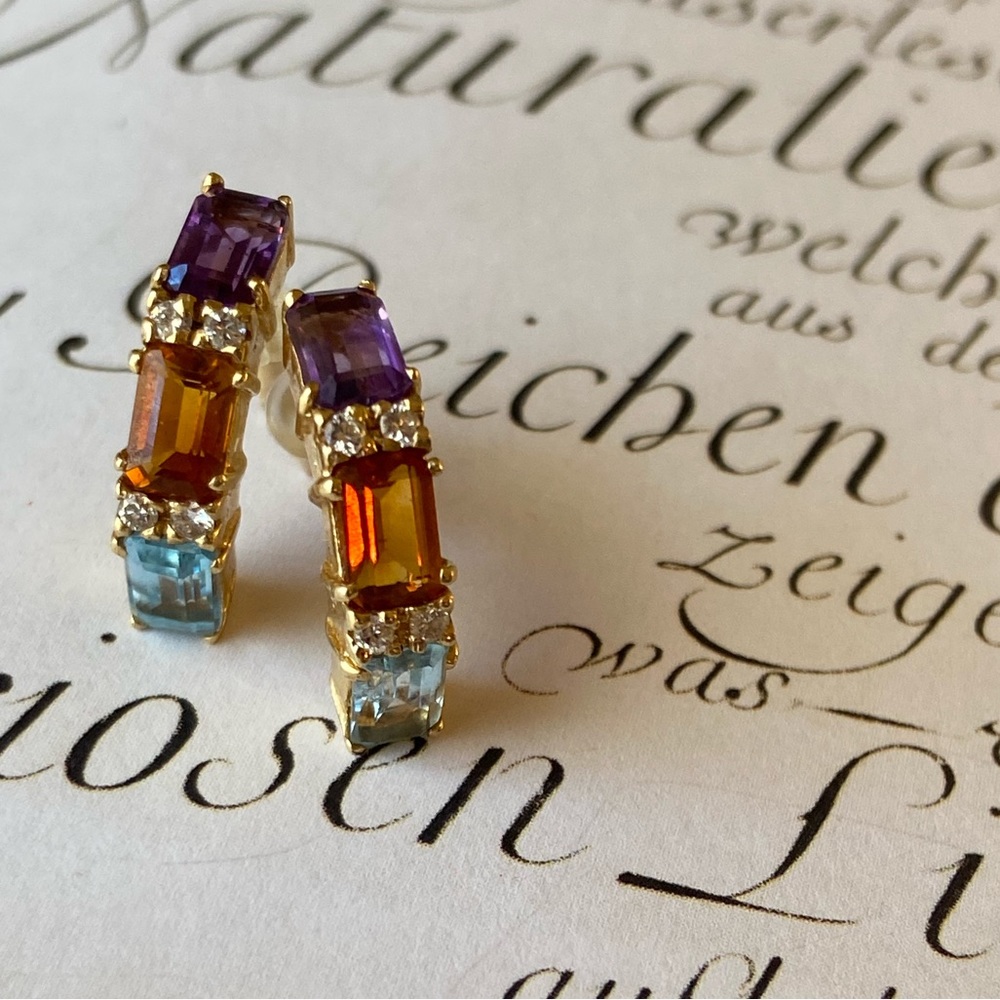 14k Multi Gemstone/Diamonds Earrings - Amethyst, … - image 2